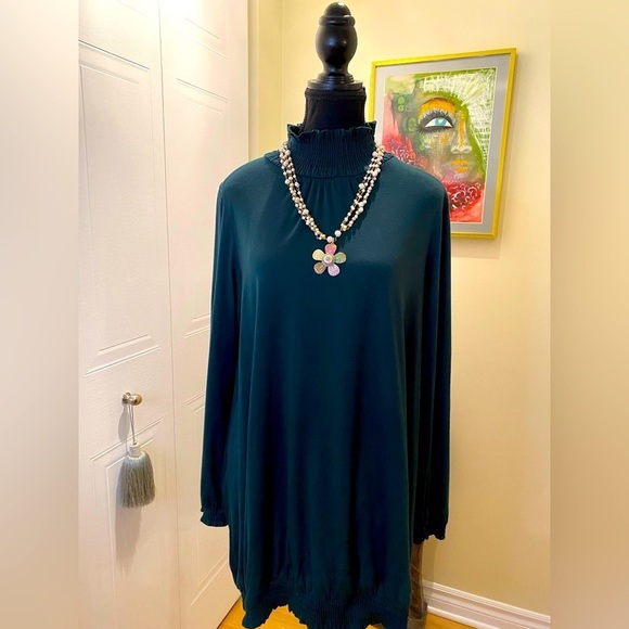 Y2K  Uniqlo Japan green mock neck tunic w/ smocking collar & hem 💚 - Picture 2 of 9